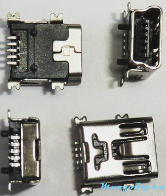 USB mini, 4 корпусные разогнуты, 5 контактов вдоль к плате - узкая часть + 2 пластиковые направляющие