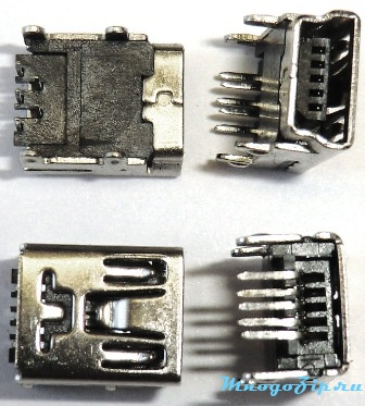 USB mini, 4 корпусные контакта 90° в плату, 5 контактов волной 90° в плату, к плате - узкая часть